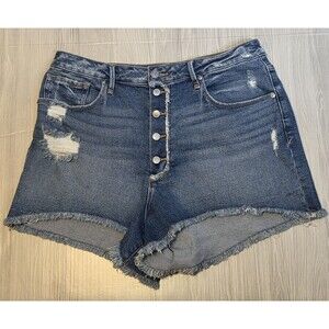 Good American Distressed Denim Shorts 15/33 High Rise Button Fly Raw Hem Blue